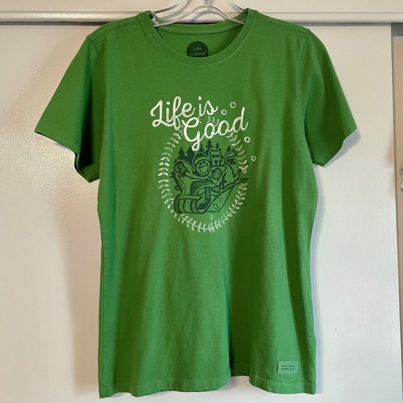 Life Is Good Green Holiday Short Sleeve T Shirt Jake & Rocket Dog Sledding S - Picture 5 of 5